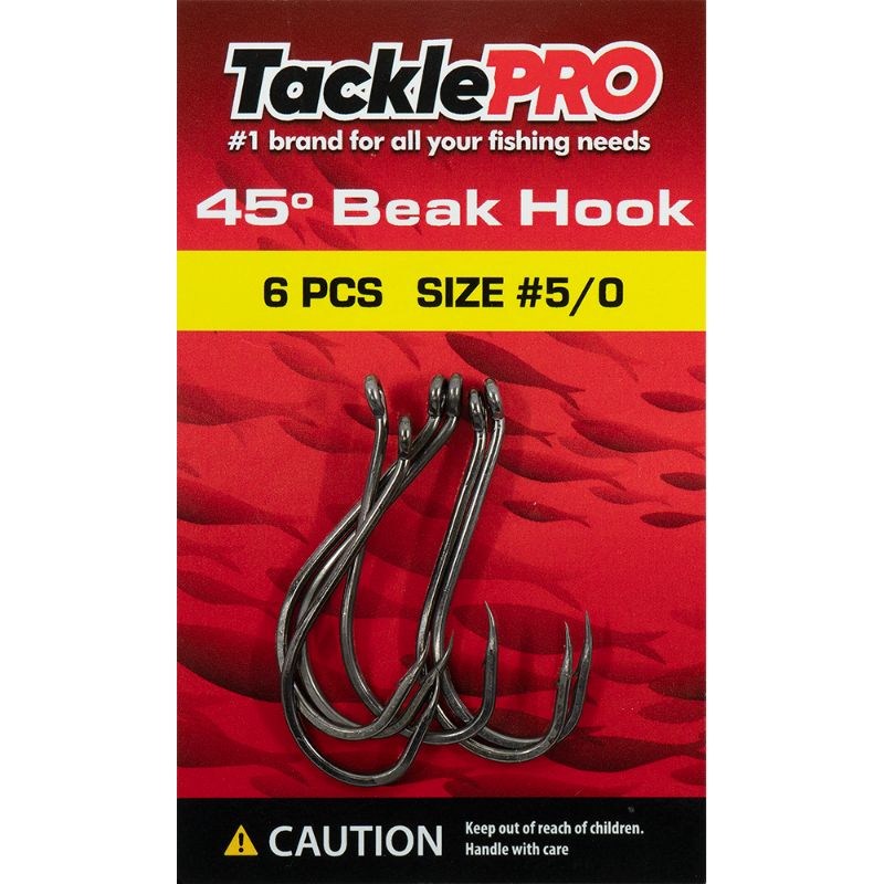 TacklePro 45 Degree Beak Hooks #5/0 in a 6-piece pack, ideal for secure catches in freshwater and saltwater fishing.