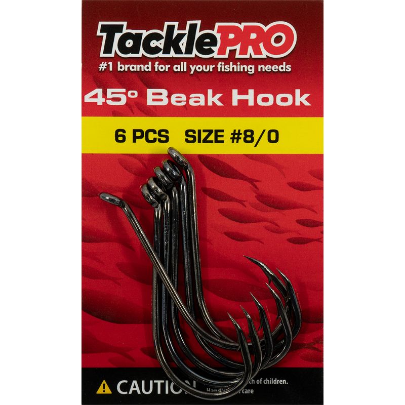 TacklePro 45° Beak Hooks #8/0, 6 durable, rust-resistant hooks for saltwater fishing, perfect for targeting big game fish.