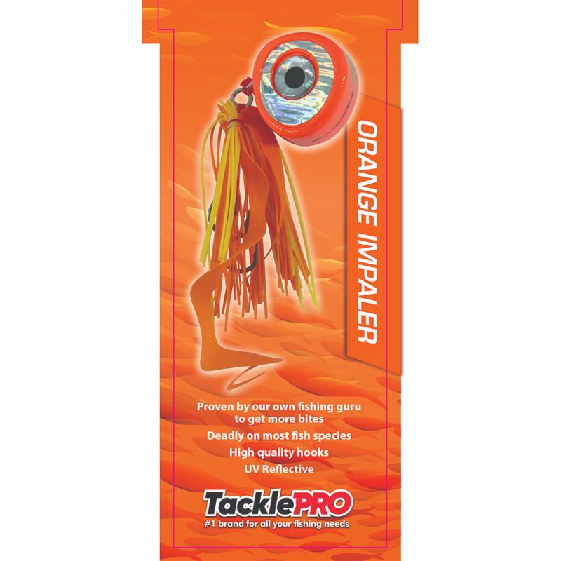 TacklePro Kabura Lure 80g in vibrant orange, featuring a curly tail and two-color skirt, ideal for deep-water fishing.