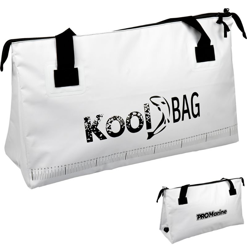 Durable ProMarine Kool Bag (75x40x35cm) with IPX4 waterproof, fish measuring guide, and large carry handles for outdoor adventures.
