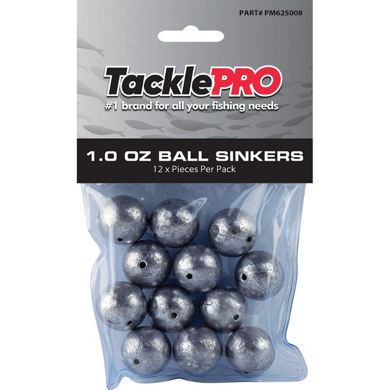 TacklePro Ball Sinker 1.0oz pack of 12, designed for quick, natural sinking and durability in freshwater and saltwater.