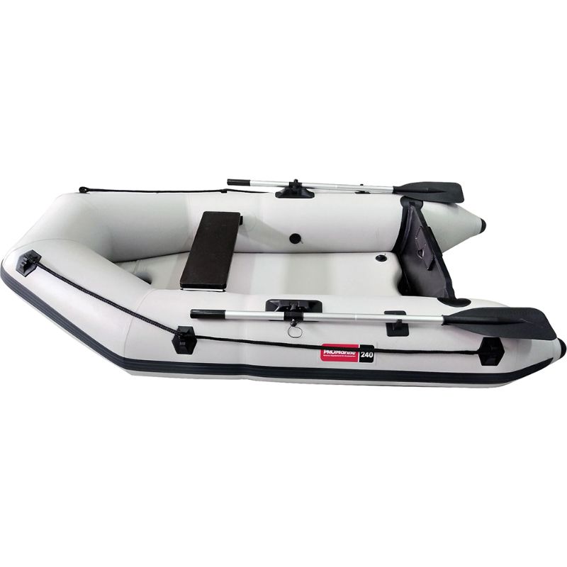 ProMarine 240 Inflatable Tender, a 2.4m PVC boat for 4 people, includes oars and pump, ideal for adventurers and leisure boaters.