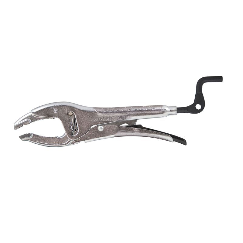 Stronghand Adjustable Jaw Plier with 80mm opening, featuring serrated jaws, V-notch for small parts, and quick-release trigger.