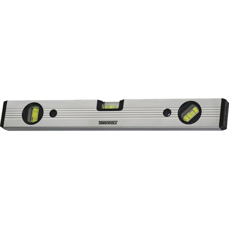 400mm aluminium spirit level with impact-resistant caps, featuring one horizontal and two vertical vials for precise leveling.