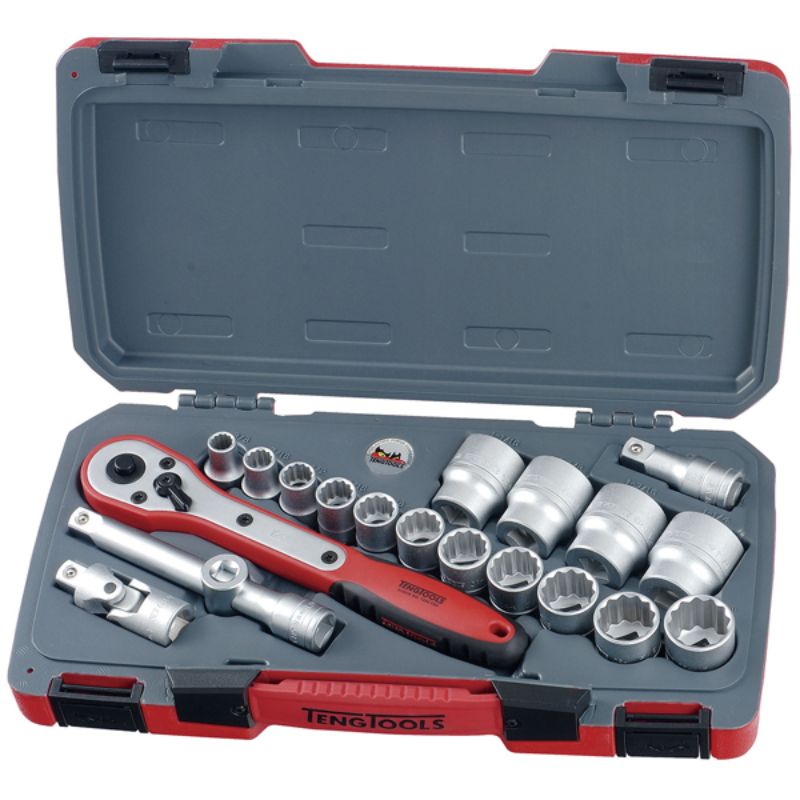 Teng 20pc 1/2in Drive AF Socket Set in durable case with various socket sizes, extensions, and ratchet for DIY or professional use.