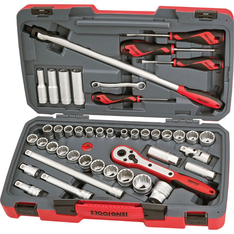Teng 44pc 1/2in Dr. socket set featuring deep and regular metric sockets, ratchet, flexible handle, and spark plug tools in a portable case.