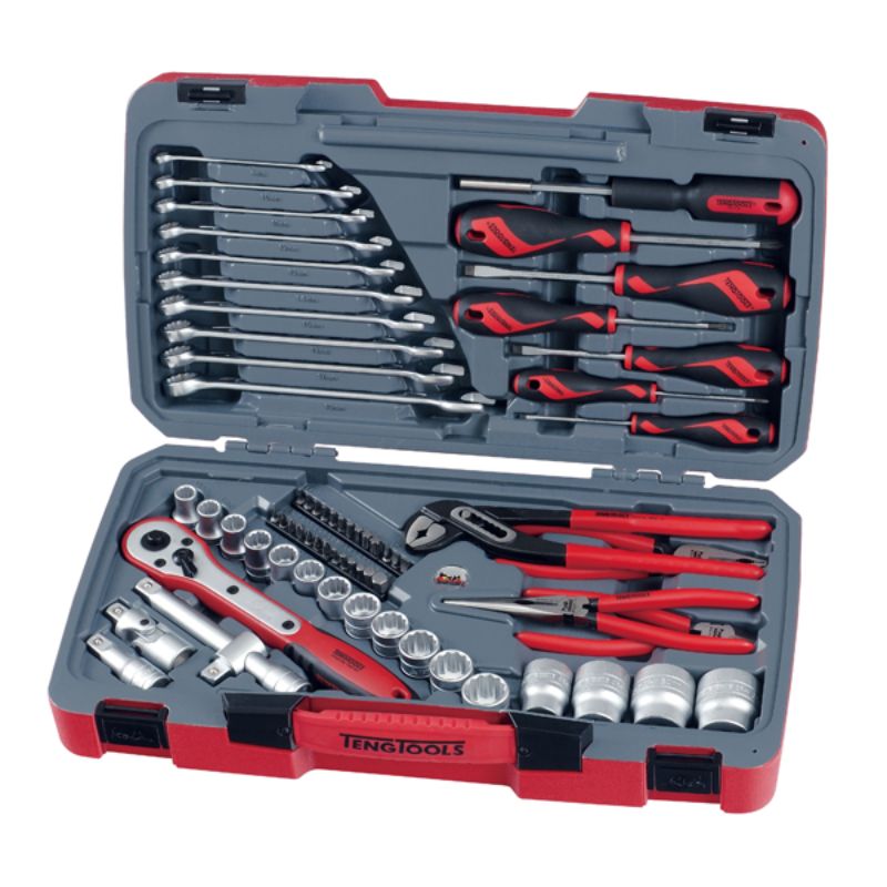 68-piece Teng metric socket and tool set with ratchet, sockets, spanners, screwdrivers, and pliers in a portable carrying case.