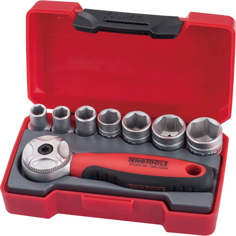 Teng 8pc 1/4in Drive Socket Set with Mini Ratchet in a pocket-sized case, featuring 72 teeth for tight space access and durable design.