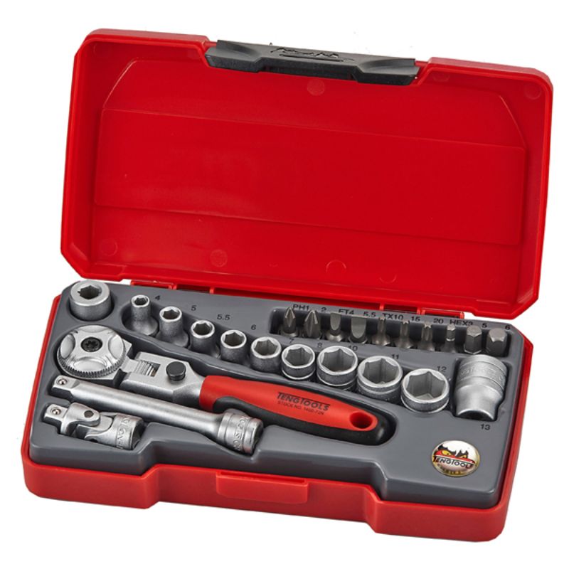 Teng 24pc Mini Metric Socket Set with 72-tooth flex ratchet, sockets from 4mm to 13mm, and organized in a durable plastic case.
