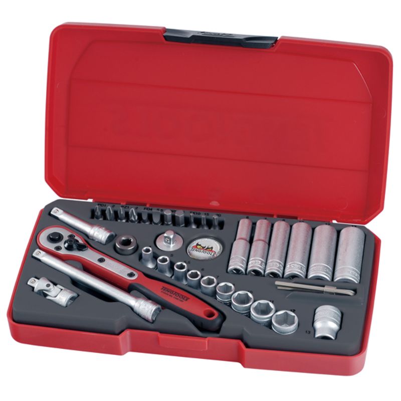 Teng 36pc 1/4in Drive Metric Socket Set with ratchet, universal joint, and essential accessories in a compact plastic case.