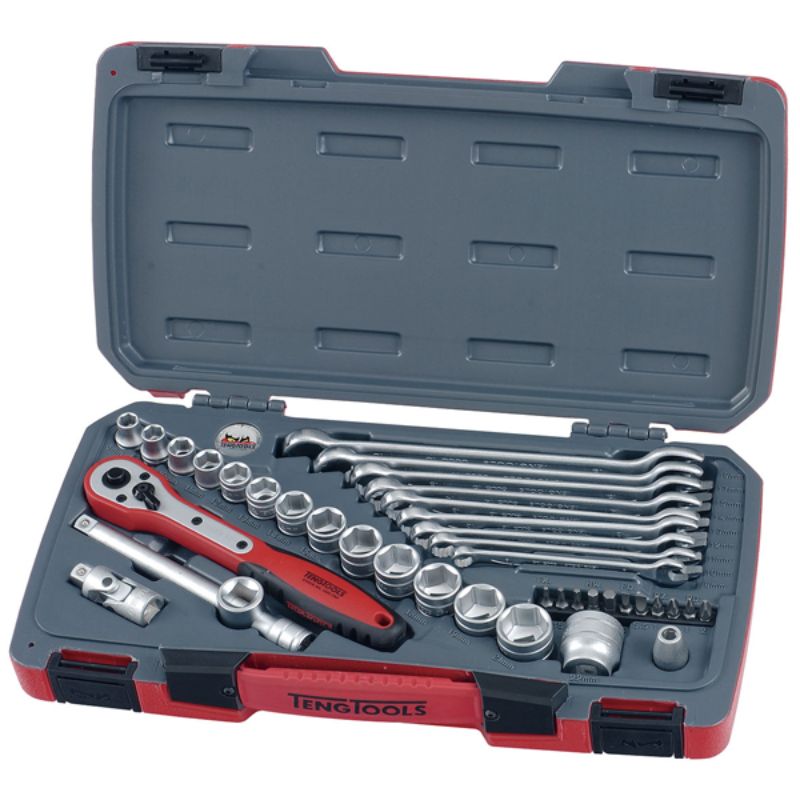 Teng 39pc metric socket and spanner set in durable case, includes ratchet, extension, and 39 tools for versatile repairs.