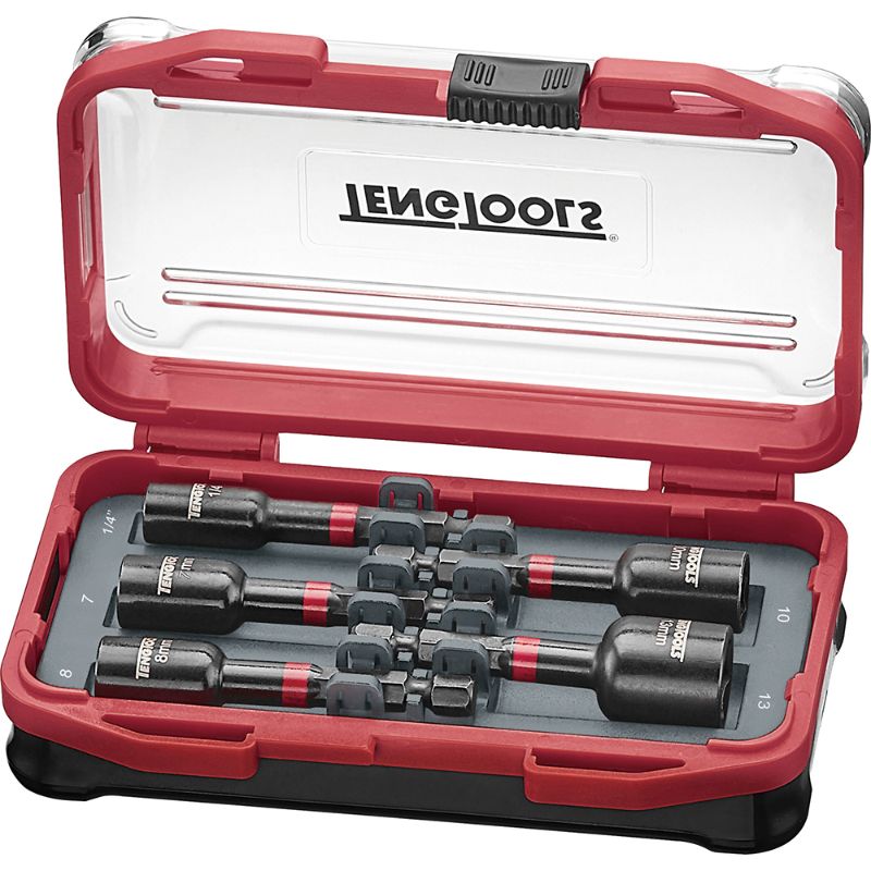 Teng Impact Nut Setter Set 5pc, durable S2 steel, HRC50-60, includes 1/4", 7mm, 8mm, 10mm, 13mm nut setters in a storage case.