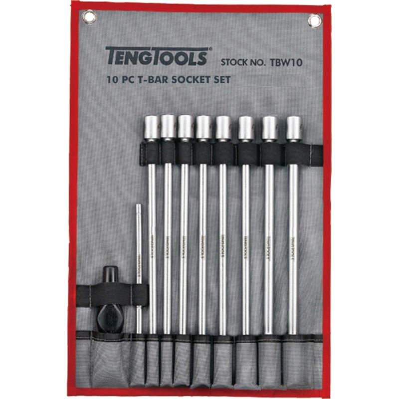 Teng 10pc T-Bar Uni-Joint Long Socket Set featuring chrome vanadium steel sockets from 7mm to 19mm, designed for durability.