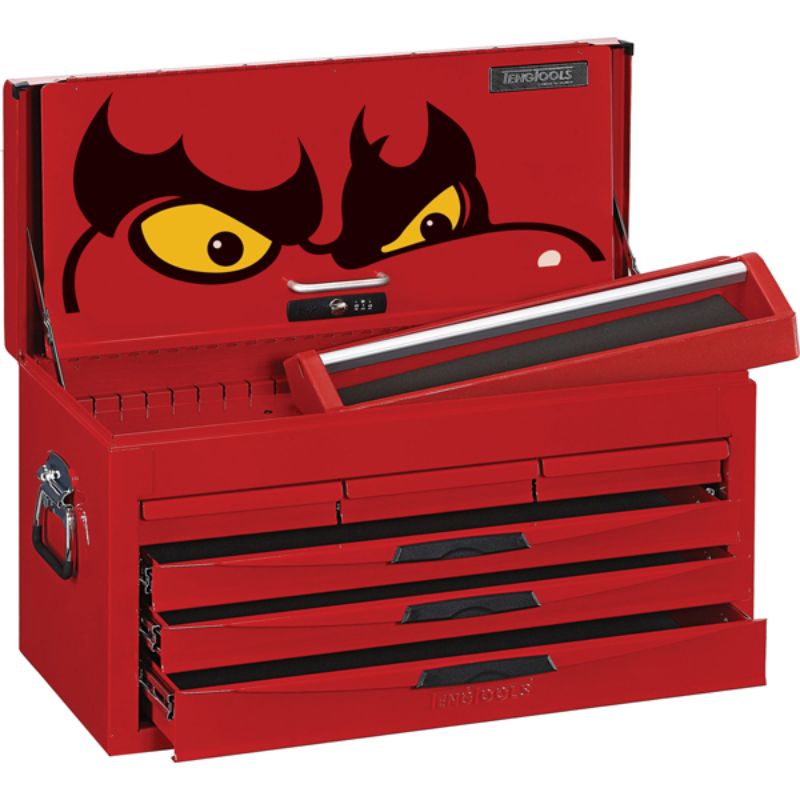 Red lacquered Teng 6-Dr. 8-Series Tool Box with six heavy-duty drawers, lockable front, and portable carrying handles.