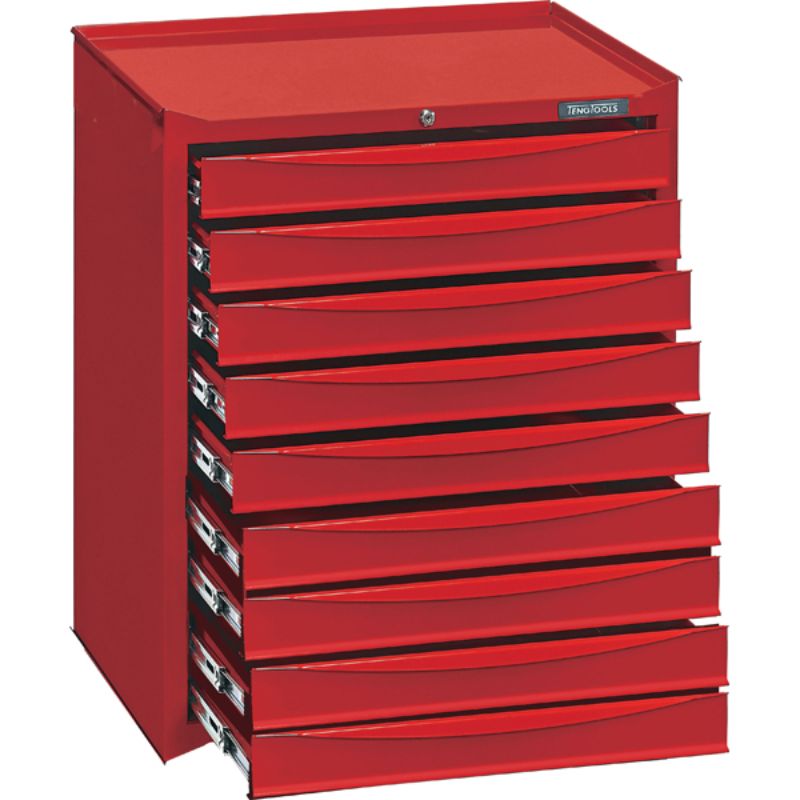 Heavy-duty Teng 9-Drawer Storage Cabinet in red steel, featuring lockable drawers and rust protection for workshop organization.