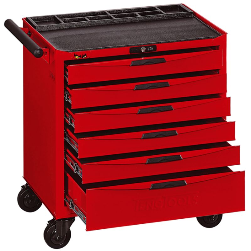 Rugged red steel 6-drawer roller cabinet with lock, ball bearing slides, and wheels for easy tool storage and transport.