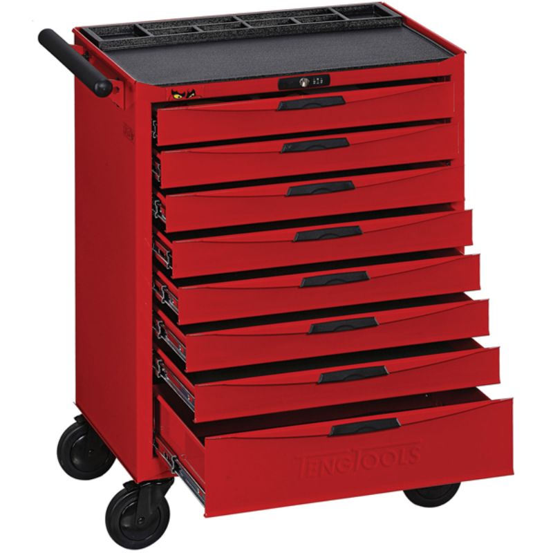 Teng 8-Series Roller Cabinet with 8 lockable drawers, red steel, ball bearing slides, movable with castors, and an integrated workbench.