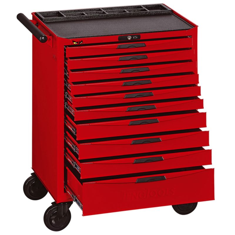 Teng 10-Dr. 8-Series Roller Cabinet in red steel, featuring 10 lockable drawers, ball bearing slides, and a durable workbench.