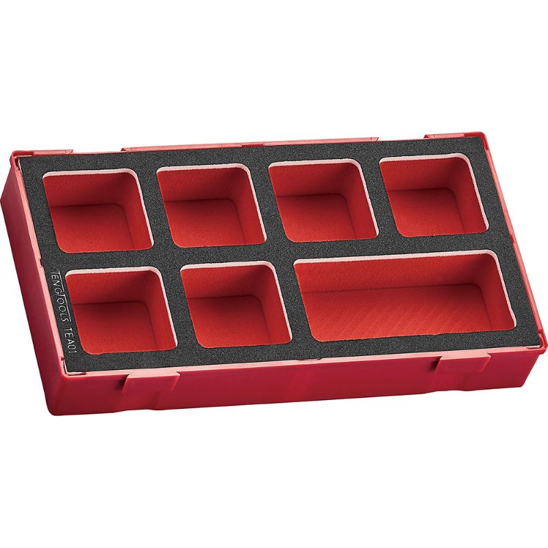 EVA storage tray with 7 compartments, removable lid, fits Teng Tools boxes, available in three colors.