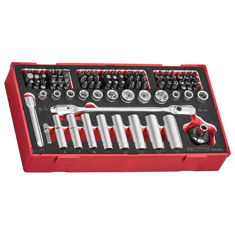 87-piece Teng socket and bits set with gearless palm ratchet, organized in a foam-lined tray for efficient tool access.