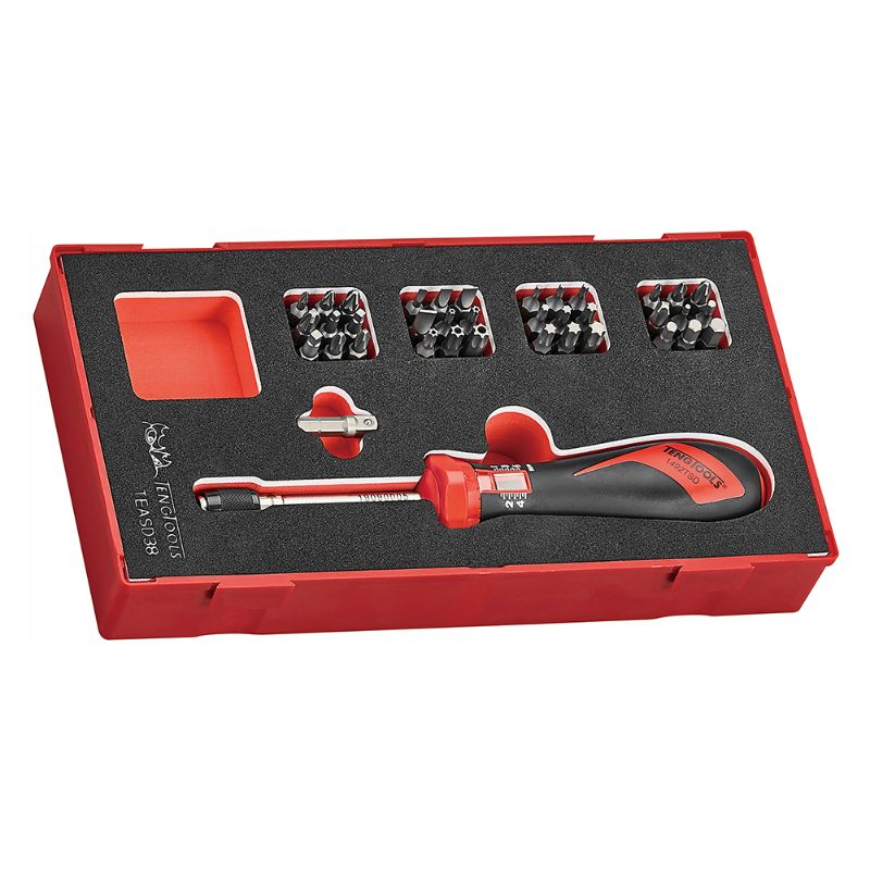 Teng 38pc torque screwdriver set with 1/4in drive, 1-5Nm range, high-quality bits, and organized EVA tray for easy access.