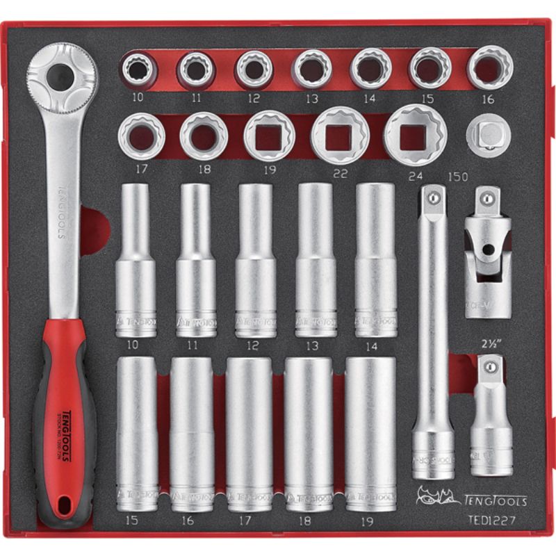 Teng 27pc socket set in TC tray with 12-point sockets, ratchet, extension bars, and organized EVA foam design.