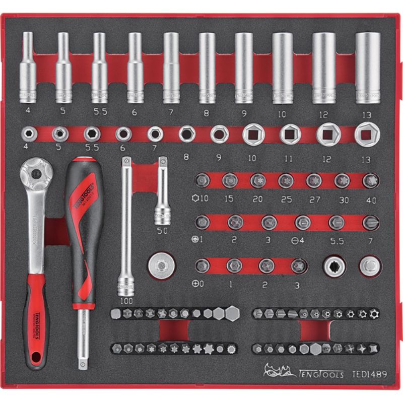Teng 89pc 1/4in Drive Socket Set with 4-13mm sockets, organized in a TC tray for DIY and professional automotive use.