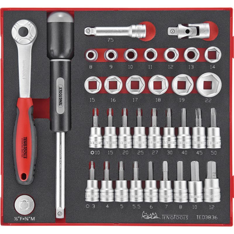 Teng 36pc socket set with 72-tooth ratchet, EV foam organization, and various socket sizes, perfect for mechanics and DIY tasks.