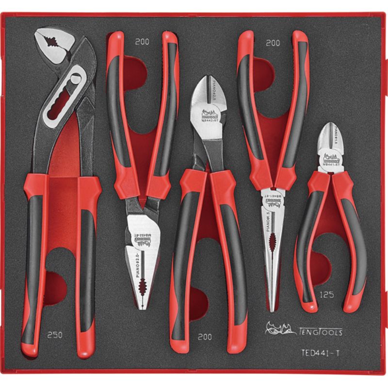 5-piece Teng plier set in TC tray featuring chrome molybdenum tools with ergonomic grips for versatile cutting and gripping tasks.