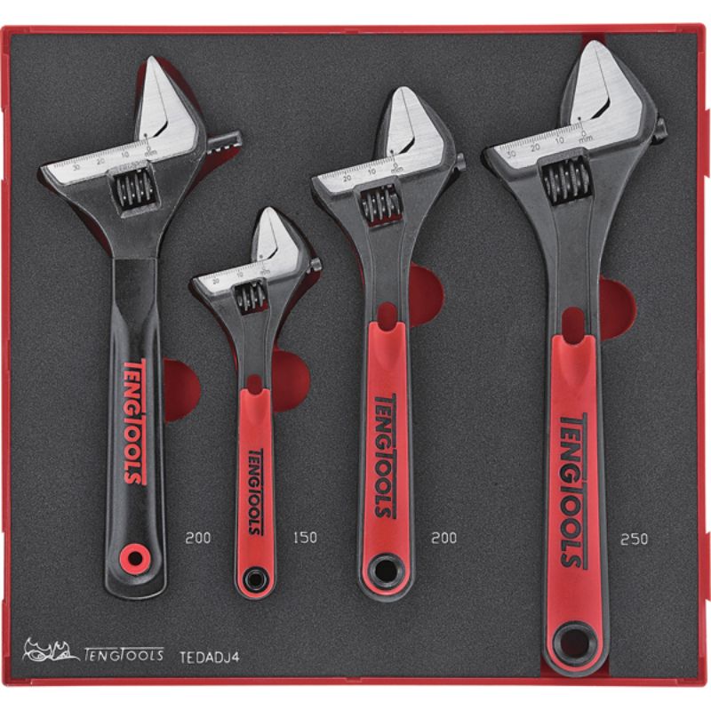 4-piece Teng Adjustable Wrench Set with durable handles and organized tray for efficient tool storage and easy use.