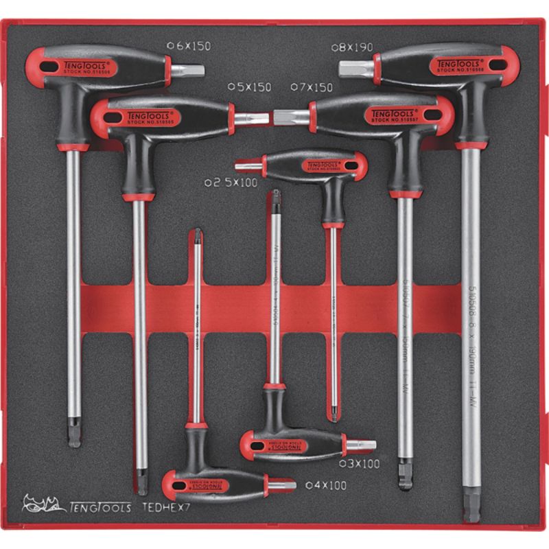 Teng 7pc T-Handle Hex Set in TC tray, featuring ergonomic design, ball-point heads, and vibrant foam inserts for easy identification.