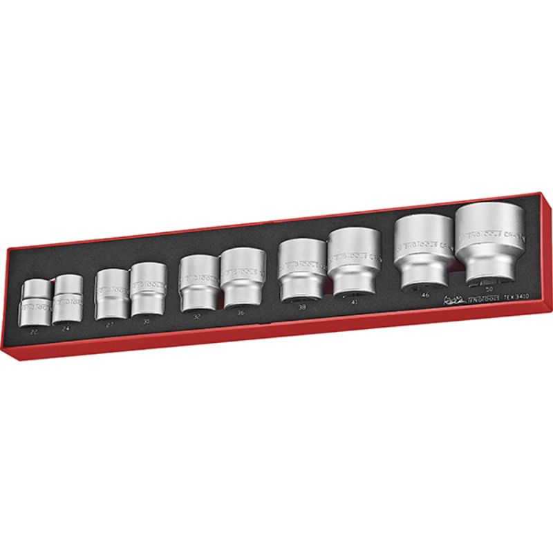 Teng 10pc 3/4in Drive Socket Set in TEX-Tray, featuring 22-50mm chrome vanadium steel sockets for mechanics and DIY tasks.