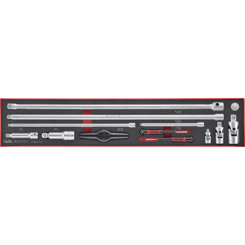 Teng 13pc extension bar set in TEX-Tray, including various drive accessories for versatile repairs and maintenance projects.