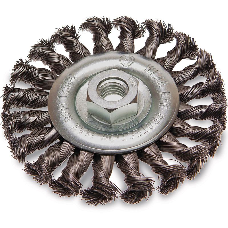 ITM Twist Knot Wheel Brush Steel 100mm for efficient rust removal and surface cleaning, compatible with various angle grinders.