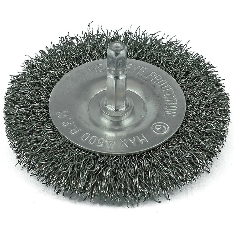 ITM Crimp Wire Spindle Mounted Wheel Brush 50mm, ideal for cleaning and rust removal with steel wires, fits standard rotary tools.