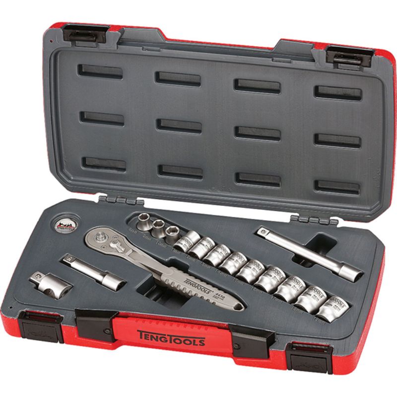Teng 16pc stainless metric socket set with durable ratchet and extension bars, ideal for automotive and professional use.