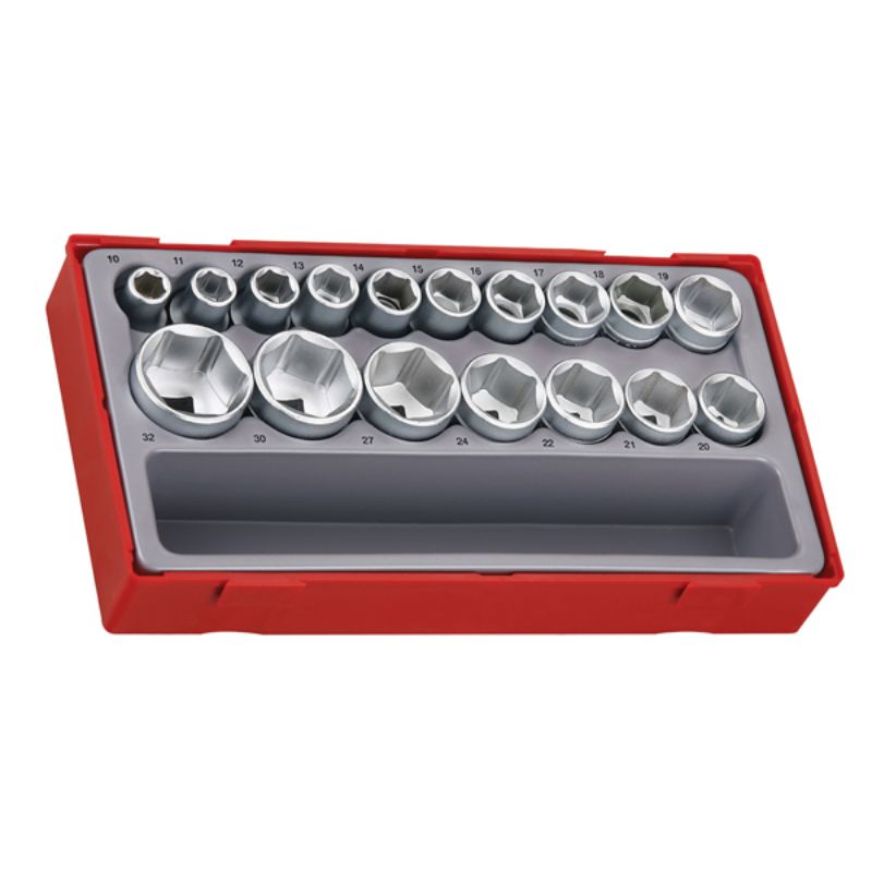 17-piece Teng socket set in TC tray, featuring 6-point designs for sizes 10-32mm, ideal for mechanics and DIY enthusiasts.