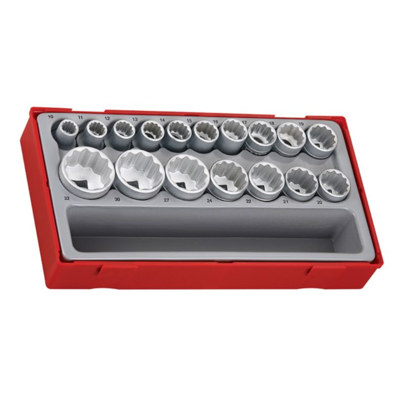 Teng 17pc 1/2in drive socket set with 10-32mm sockets, organized in a durable TC tray for mechanics and DIY enthusiasts.