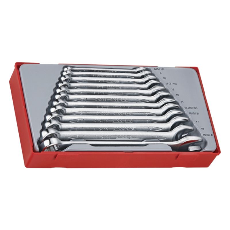 Teng 12pc Combination Spanner Set in TC tray, featuring chrome vanadium steel, 12-point heads, and sizes 8-19mm for versatile use.