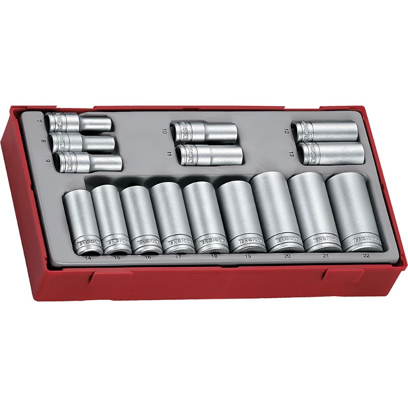 Teng 16pc 3/8in Drive Deep Socket Set in TC-Tray, includes 12-point sockets from 7mm to 22mm for efficient mechanical tasks.