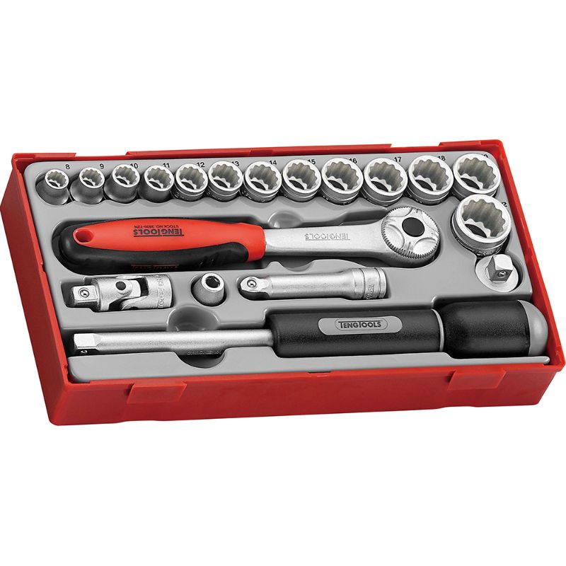 19-piece Teng socket set featuring a 72 teeth ratchet, universal joint, and 8-22mm 12-point sockets for versatile use.