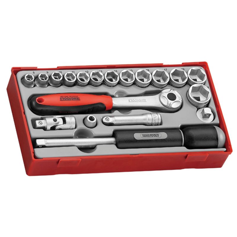 Teng 19pc socket set with 13 6-point sockets (8-22mm) in TC-tray, ideal for professionals and DIY projects.