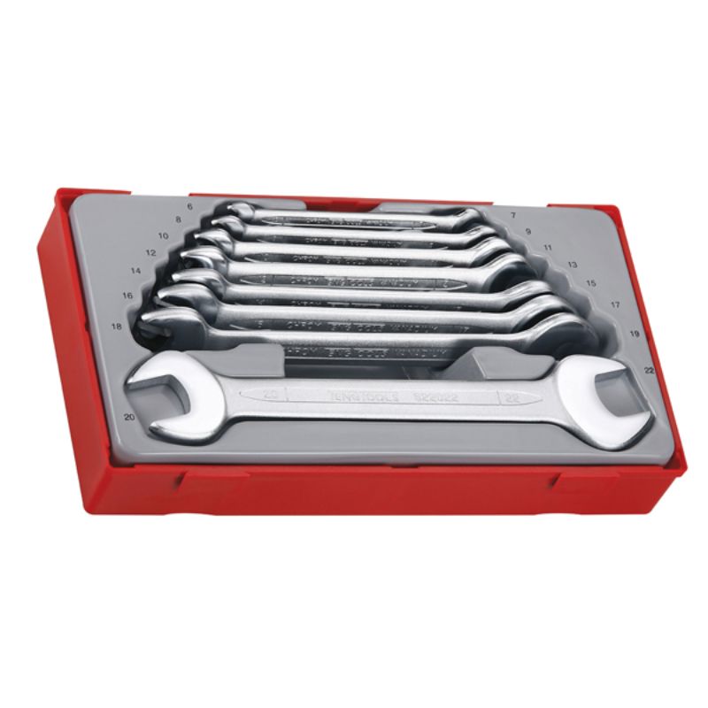 Teng 8pc Double Open-End Spanner Set in TC-Tray, featuring polished chrome vanadium steel spanners from 6-22mm sizes.