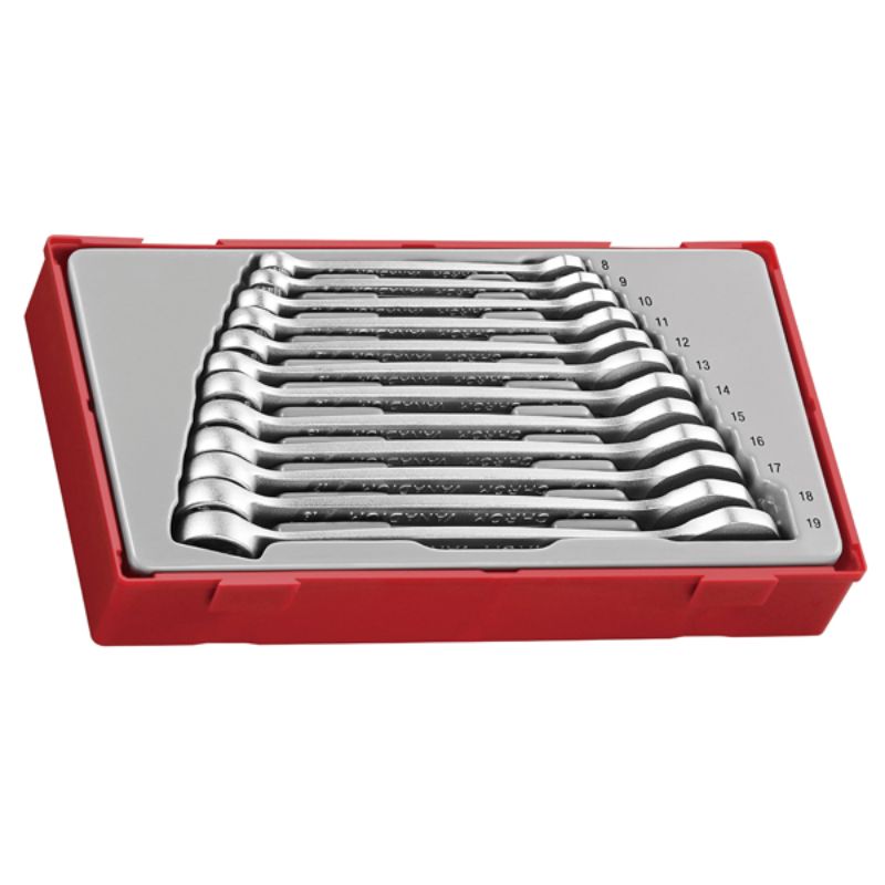 Teng 12pc anti-slip spanner set (8-19mm) in TC-Tray, made of Chrome Vanadium steel for durability, organized for easy access.