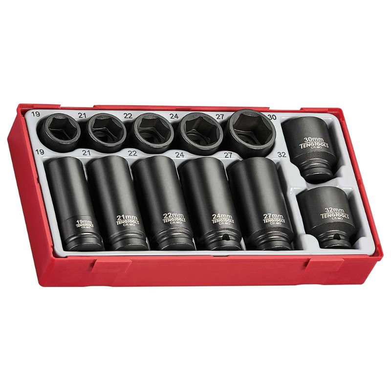 Teng 12pc 1/2in Dr. Impact Socket Set in TC tray, featuring durable chrome molybdenum sockets from 19mm to 32mm.