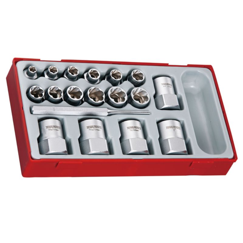 Teng 3/8in & 1/2in Dr. Stud Extractor Socket Set in TC tray, featuring 18 durable pieces for efficient stubborn bolt removal.