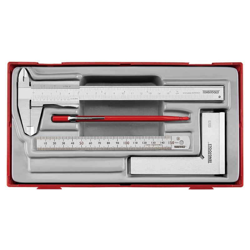 Teng 4pc Measuring Tool Set in TC tray, includes caliper, base square, steel rule, and scriber for precise measurements.