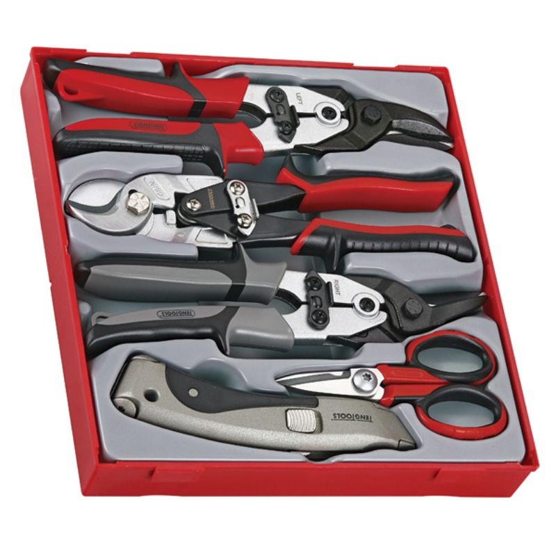 Teng 5pc Cutting Tools Set in a double width TC tray, includes tin snips, knife, scissors, and pliers for versatile cutting tasks.