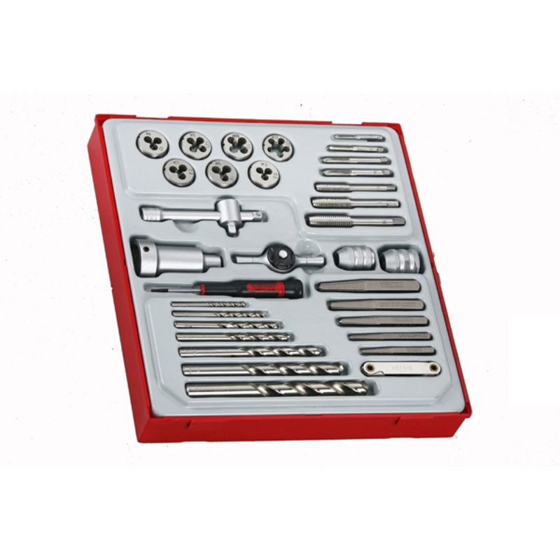 Teng 34pc Tap & Die Set with accessories in a portable tray, featuring 7 taps, 7 dies, drill bits, and screw extractors.