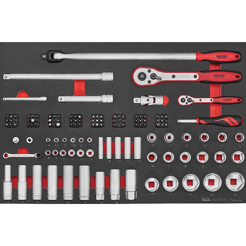 Teng 126pc Socket Set in EVA foam, featuring 1/4 & 1/2 drive sockets from 4mm to 34mm for professional and DIY use.